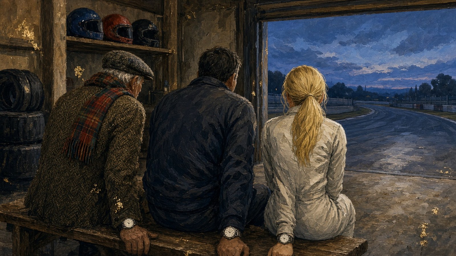 Painting of three generations of racing drivers seen from behind on a garage bench, each wearing a steel watch, looking at an empty track