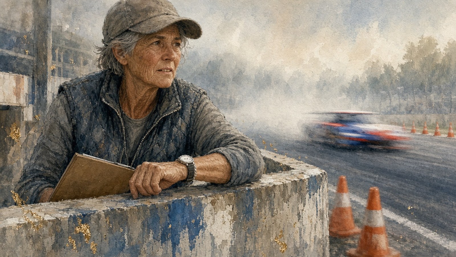 Painting of a grey-haired woman in a faded cap leaning on a misty pit wall, a steel watch on her wrist, as a blurred race car passes