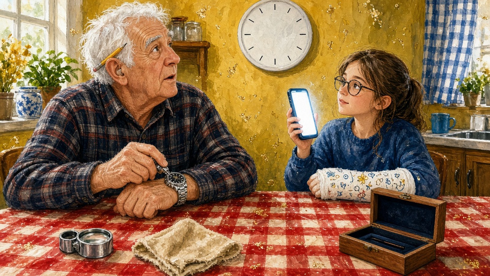 Painting of a grandfather timing his chronograph against a kitchen clock while his granddaughter in a doodled cast holds up a phone