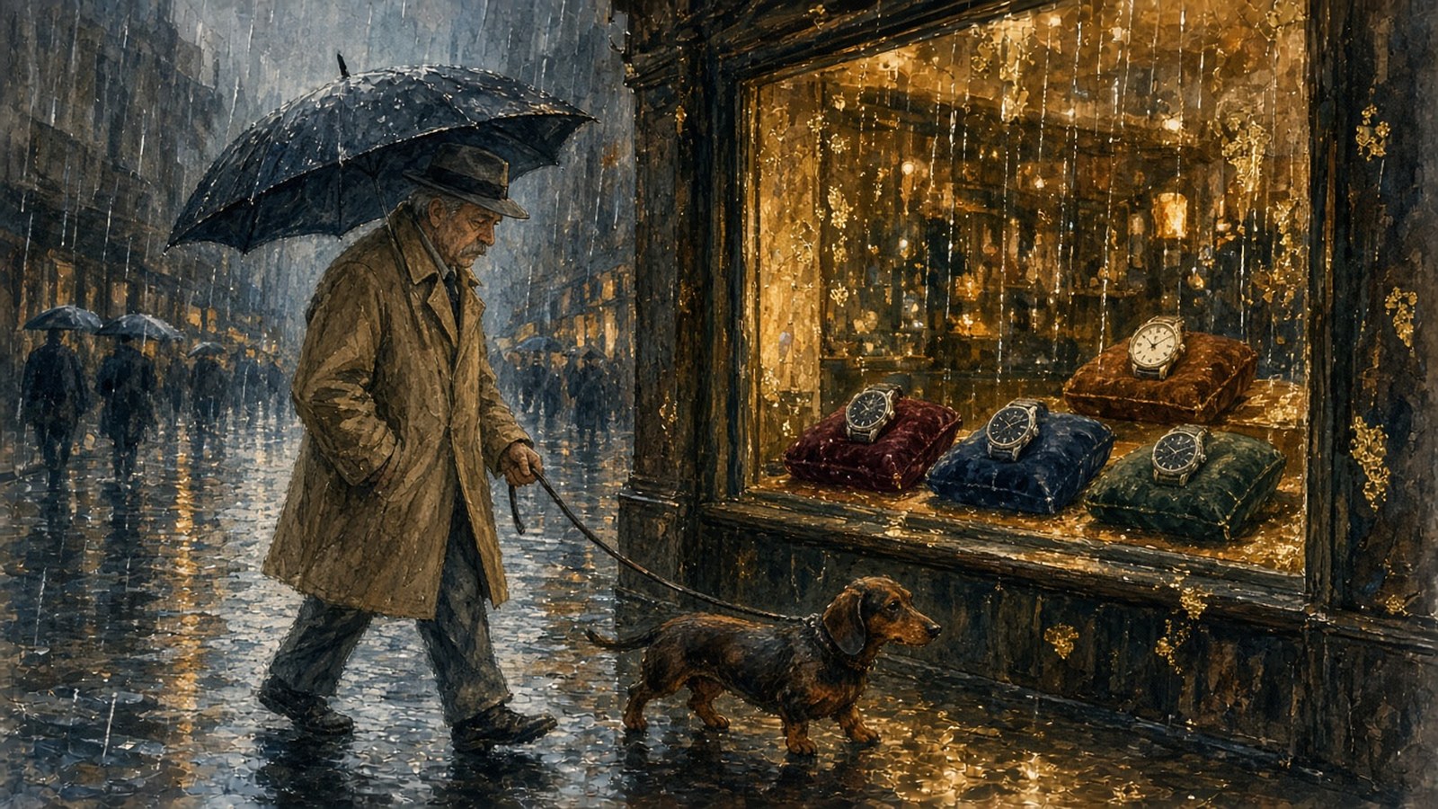 Painting of a man with a dachshund hurrying past a rain-streaked 1960s jeweller's window where one cream-dial chronograph sits overlooked