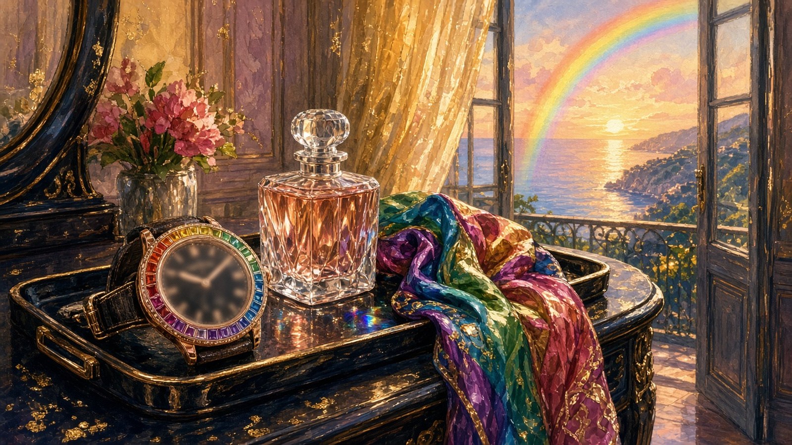 Painting of a rose-gold chronograph with a rainbow gemstone bezel on a lacquer tray by a perfume bottle, a rainbow over the sea outside