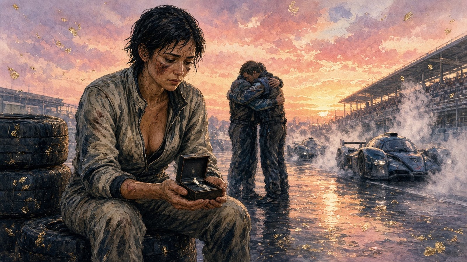 Painting of an exhausted race co-driver on a tyre stack at dawn gazing at a small watch box in her hands as her team celebrates
