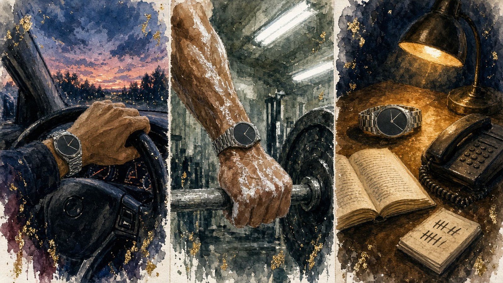 Painted vignettes of a steel watch on a driver's wrist, on a chalky lifter's wrist at the barbell, and on a bedside table by a lamp