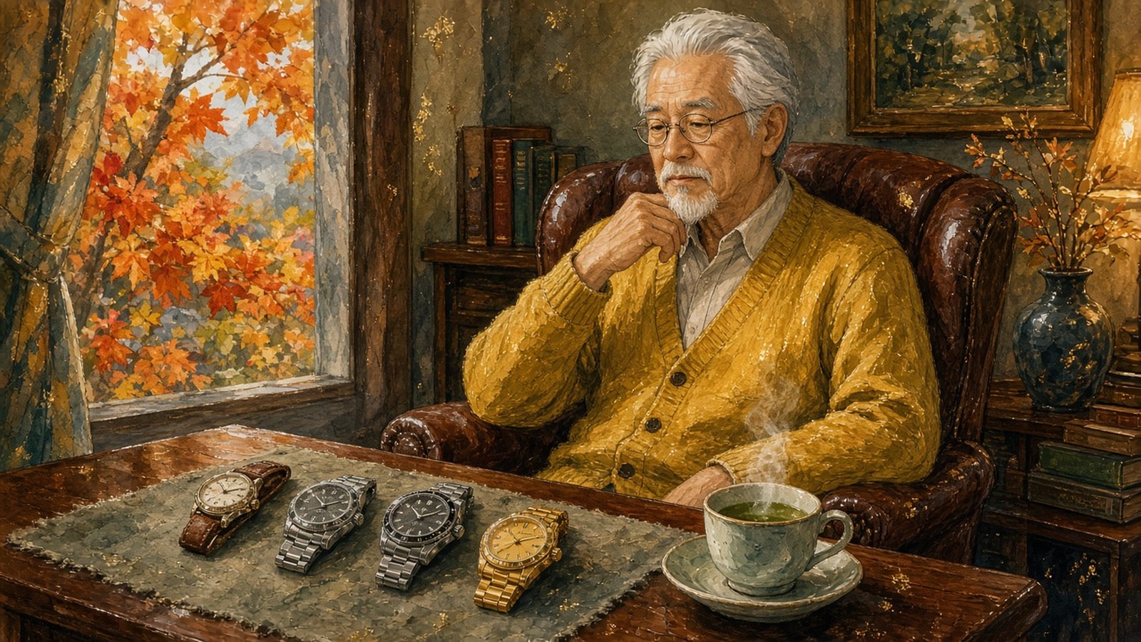 Painting of a white-goateed collector in a mustard cardigan weighing up four chronographs on a felt cloth beside green tea