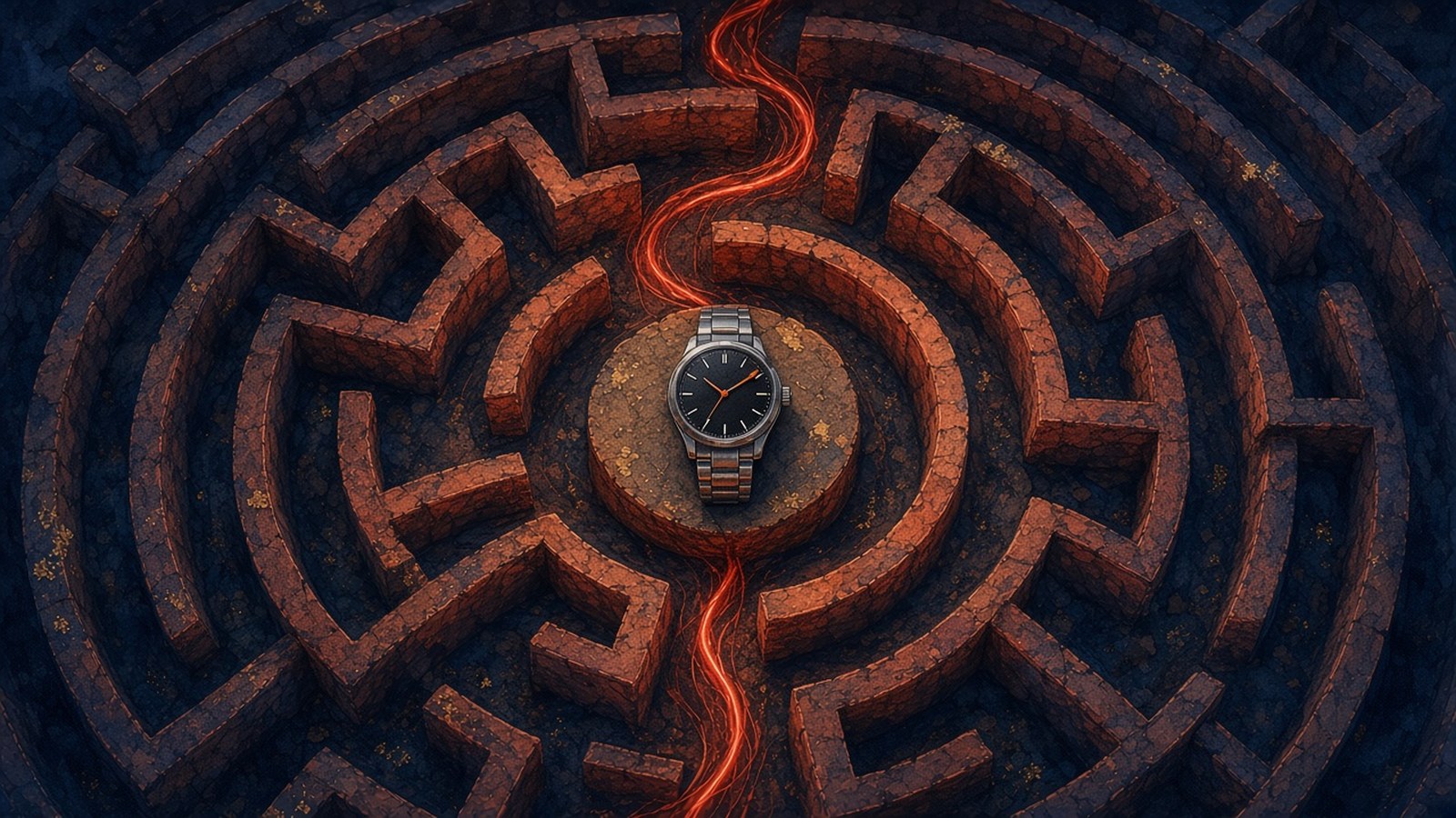 Painting of a steel watch at the center of a dark stone labyrinth, a red thread winding in toward it