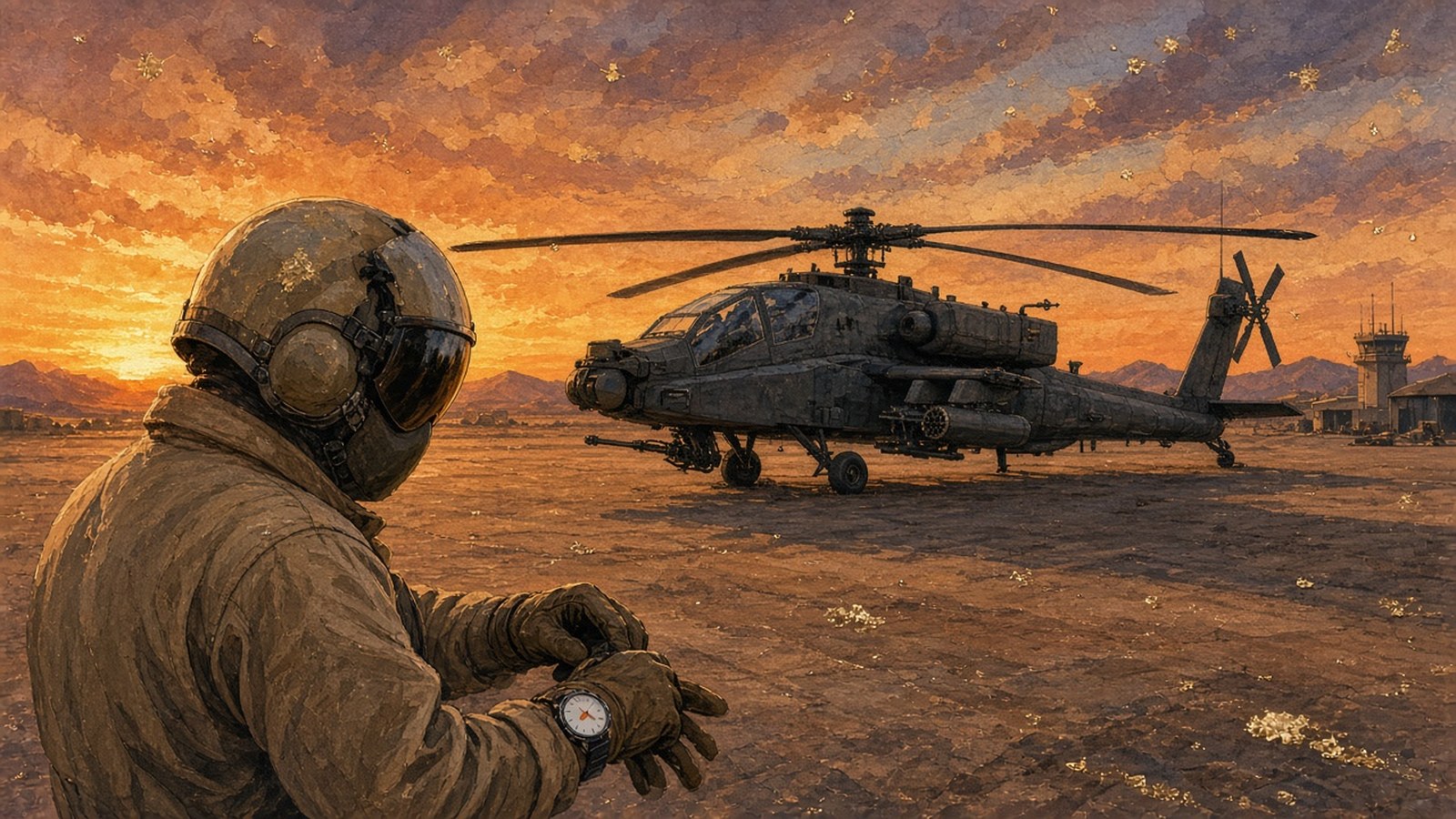 Painting of a helmeted helicopter pilot seen from behind on a desert airfield at dusk, a white-dial steel watch with an orange hand on his gloved wrist
