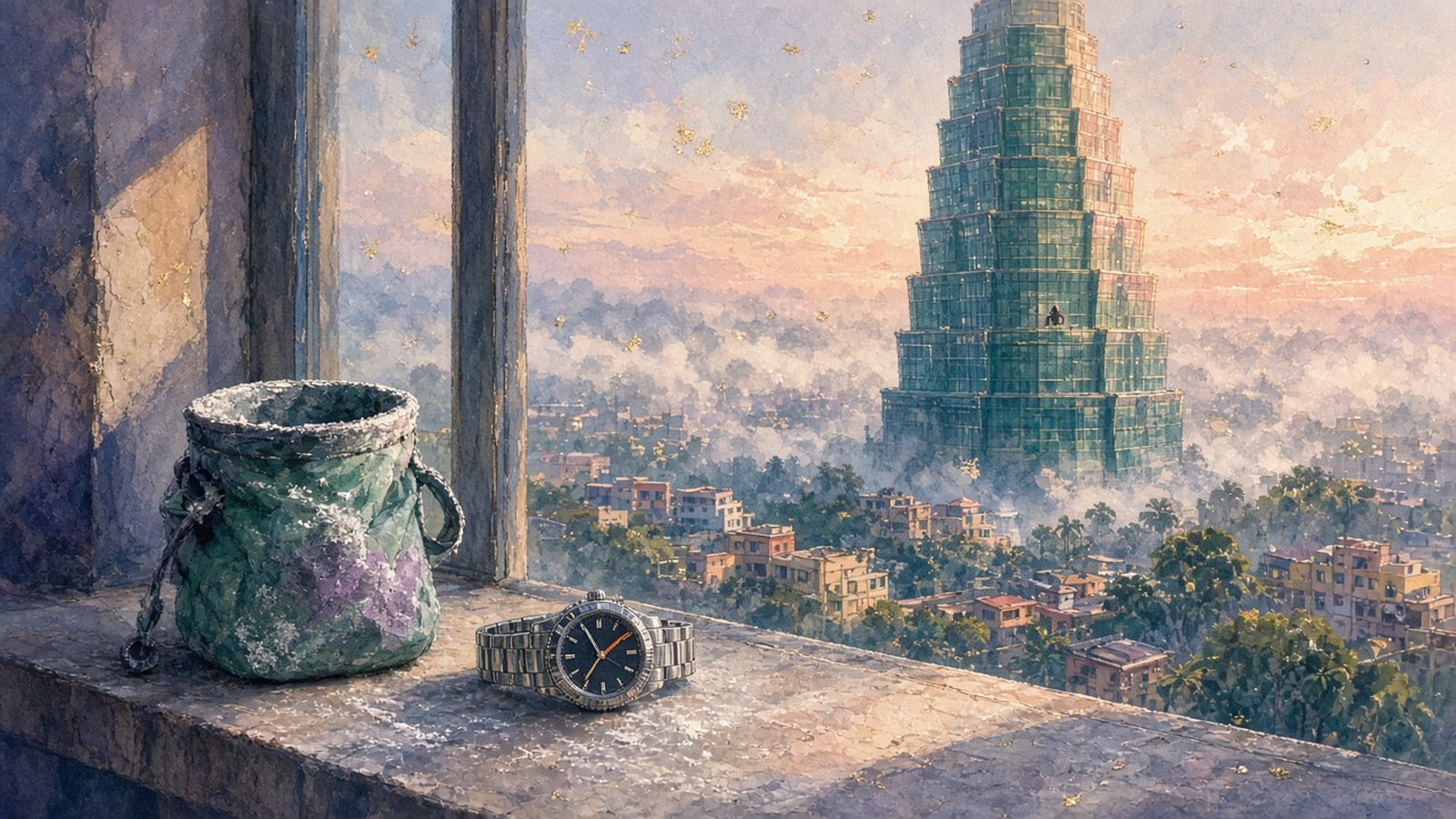 Painting of a chalk bag and a black-dial steel watch left on a high windowsill as a tiered skyscraper rises from a misty city at sunrise