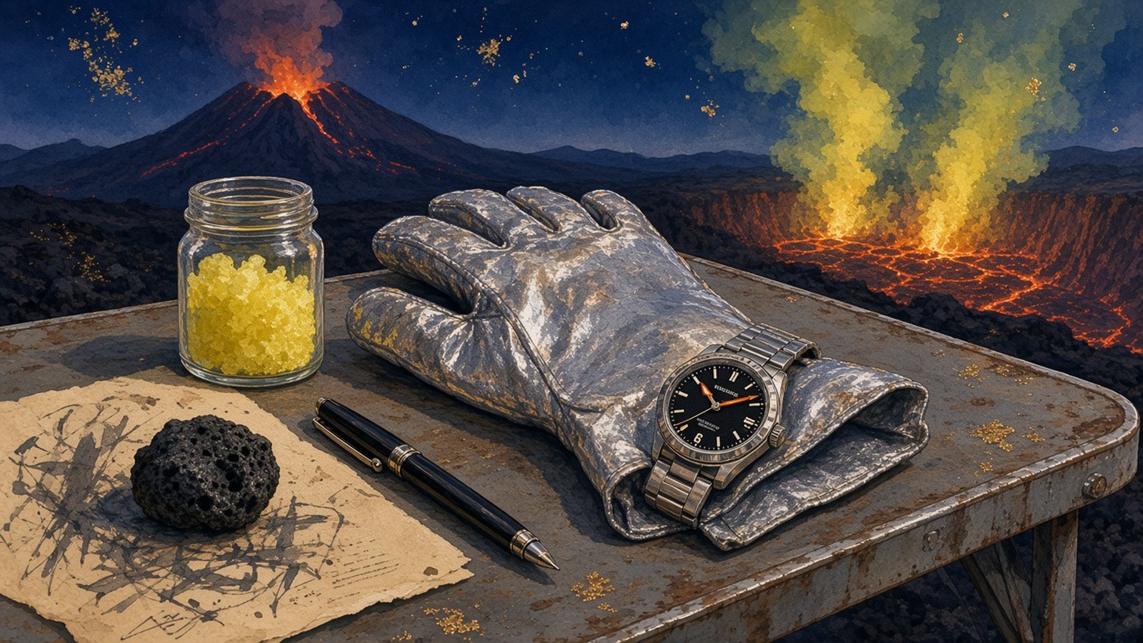 Painting of a silver heat-suit glove and steel watch on a field table beside a jar of sulphur as a volcano erupts behind