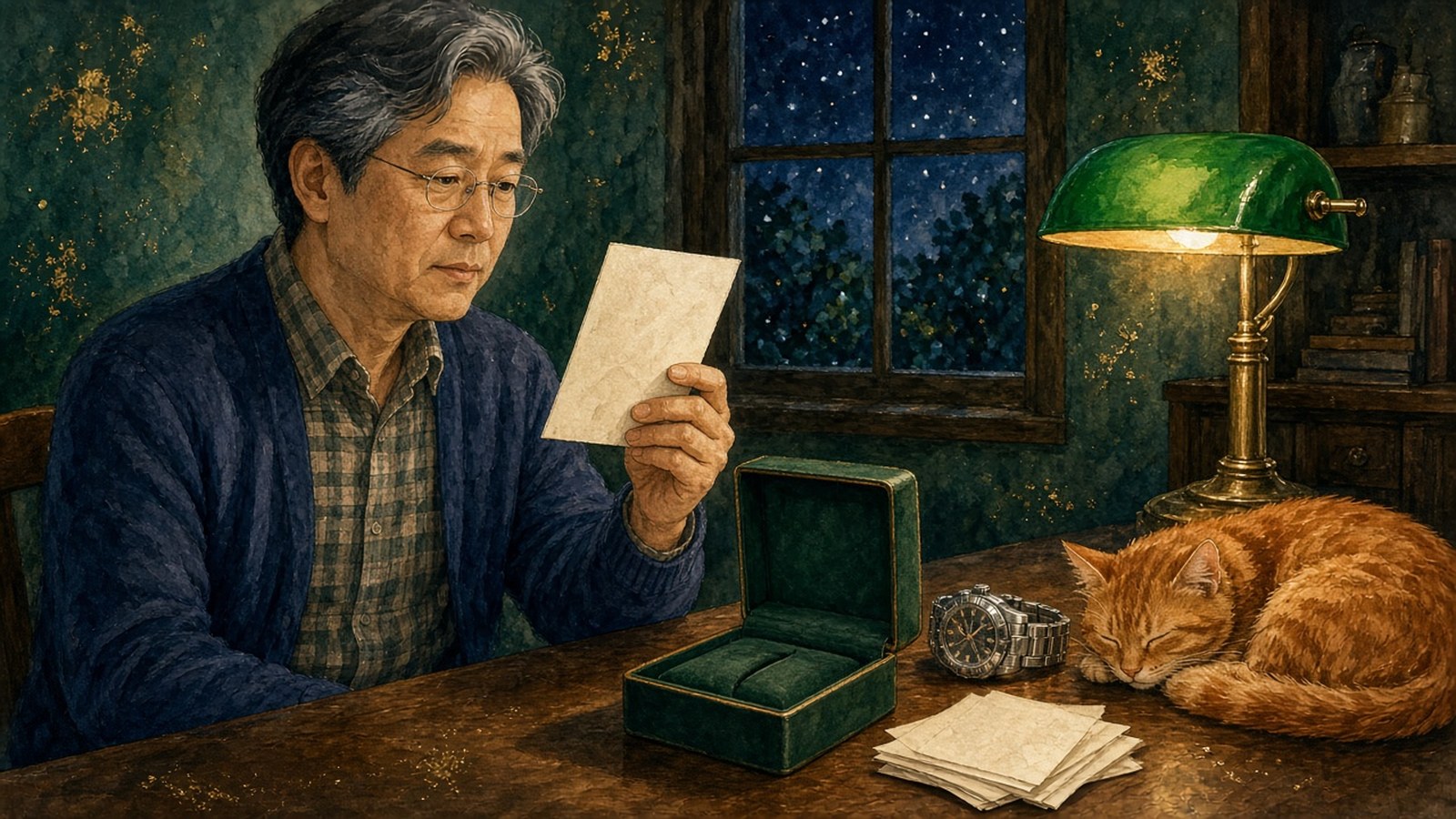 Painting of a grey-haired man in a navy cardigan studying a blank card by a green lamp beside an empty watch box, a steel watch and a sleeping ginger cat