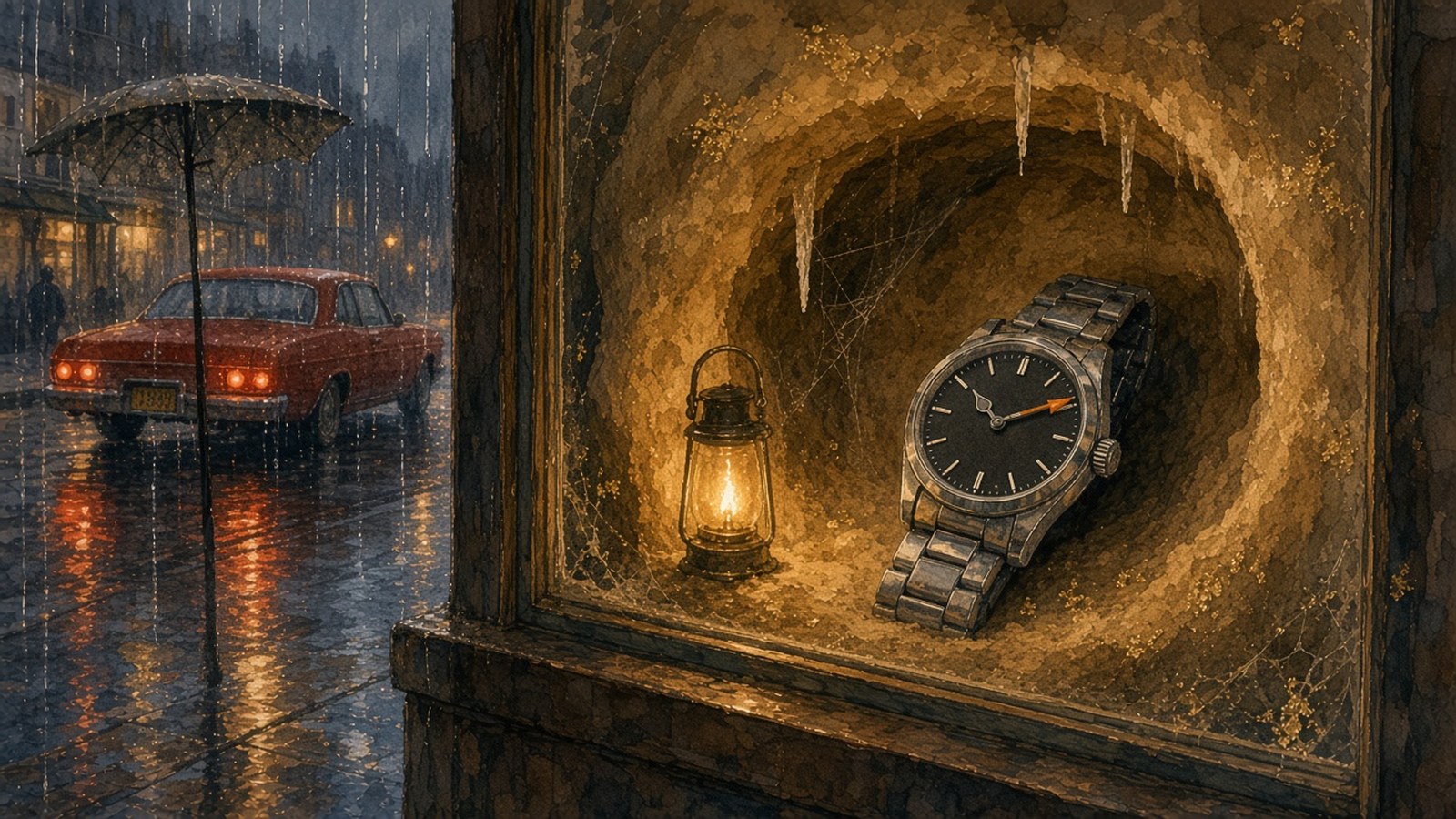 Painting of a steel watch in a rainy shop window beside a lantern-lit painted cave backdrop