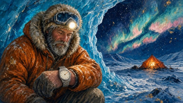 Painting of a 1971 explorer checking his Explorer II by headlamp in an ice cave