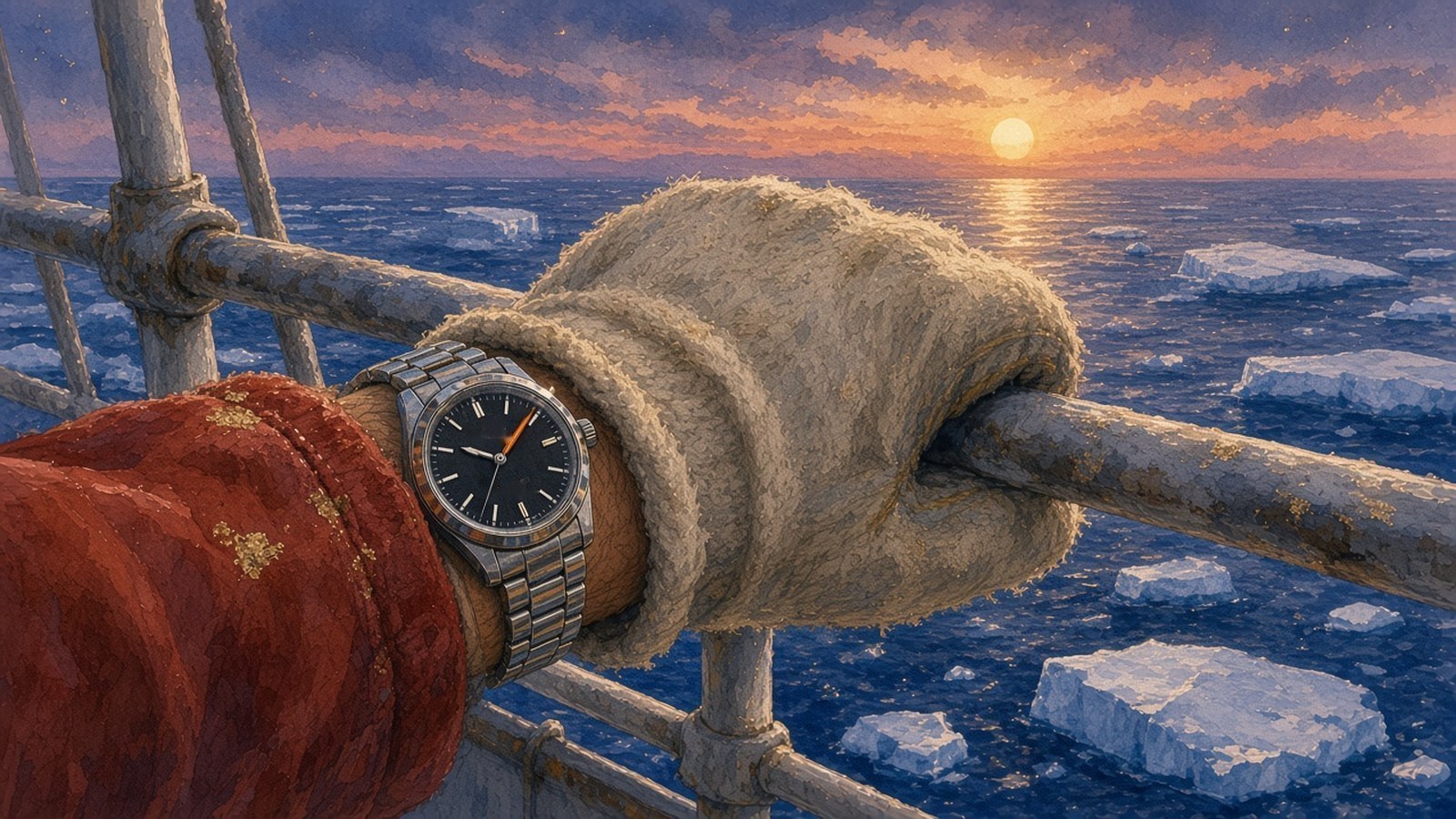 Painting of a gloved hand gripping a frosted ship's rail under the midnight sun, a black-dial steel watch with an orange arrow hand at the red anorak cuff
