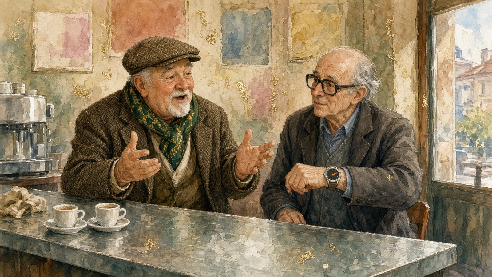 Painting of two elderly Italian collectors at a Milan café bar, one in a tweed cap gesturing as the other shows the orange arrow hand on his steel watch