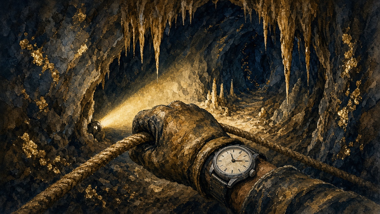 Painting of a caver's gloved hand on a wet limestone ledge beside a coiled rope, an orange 24-hour hand glowing