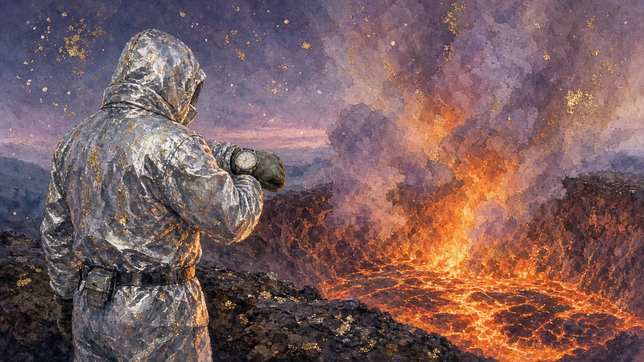 Painting of a figure in a silver thermal suit at the rim of a smoking volcanic crater, a steel watch over the sleeve