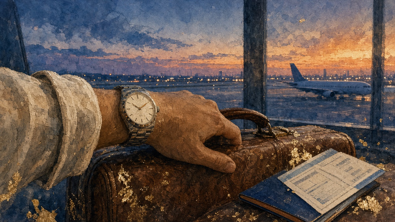 Painting of a traveler's wrist with a white-dial watch on an airport window ledge at night