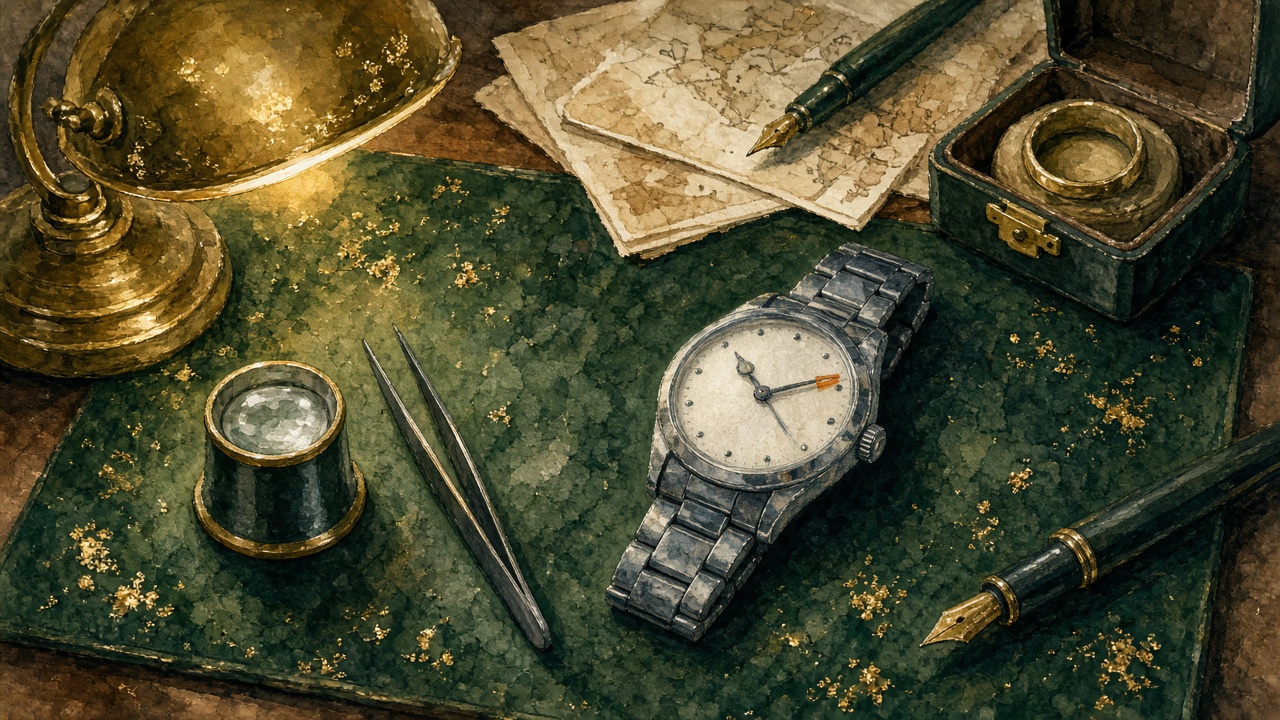 Painting of a collector's desk under a lamp with a loupe and a worn steel watch bracelet