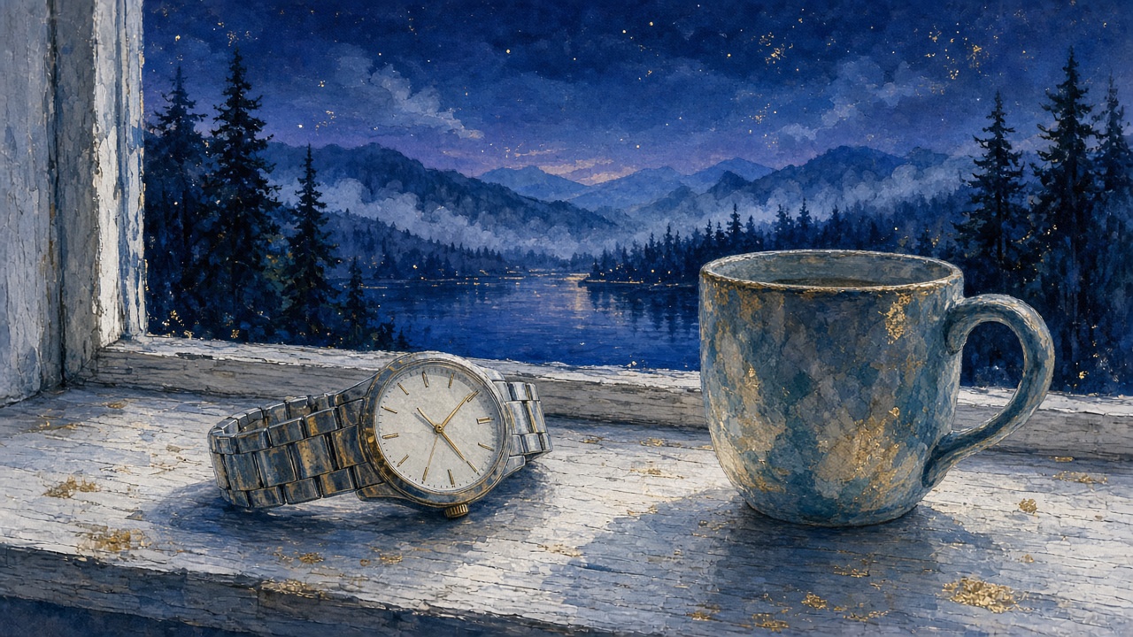Painting of a steel watch resting on a windowsill at the blue hour