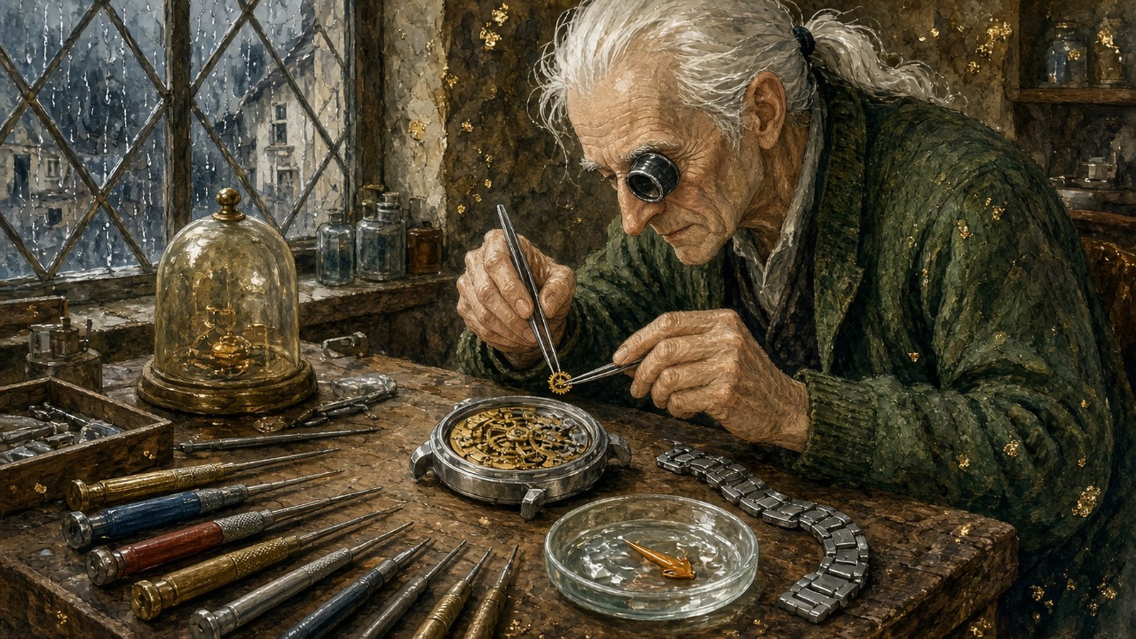 Painting of a white-ponytailed watchmaker with a loupe lifting a tiny gear from an opened steel watch, an orange hand waiting in a glass dish