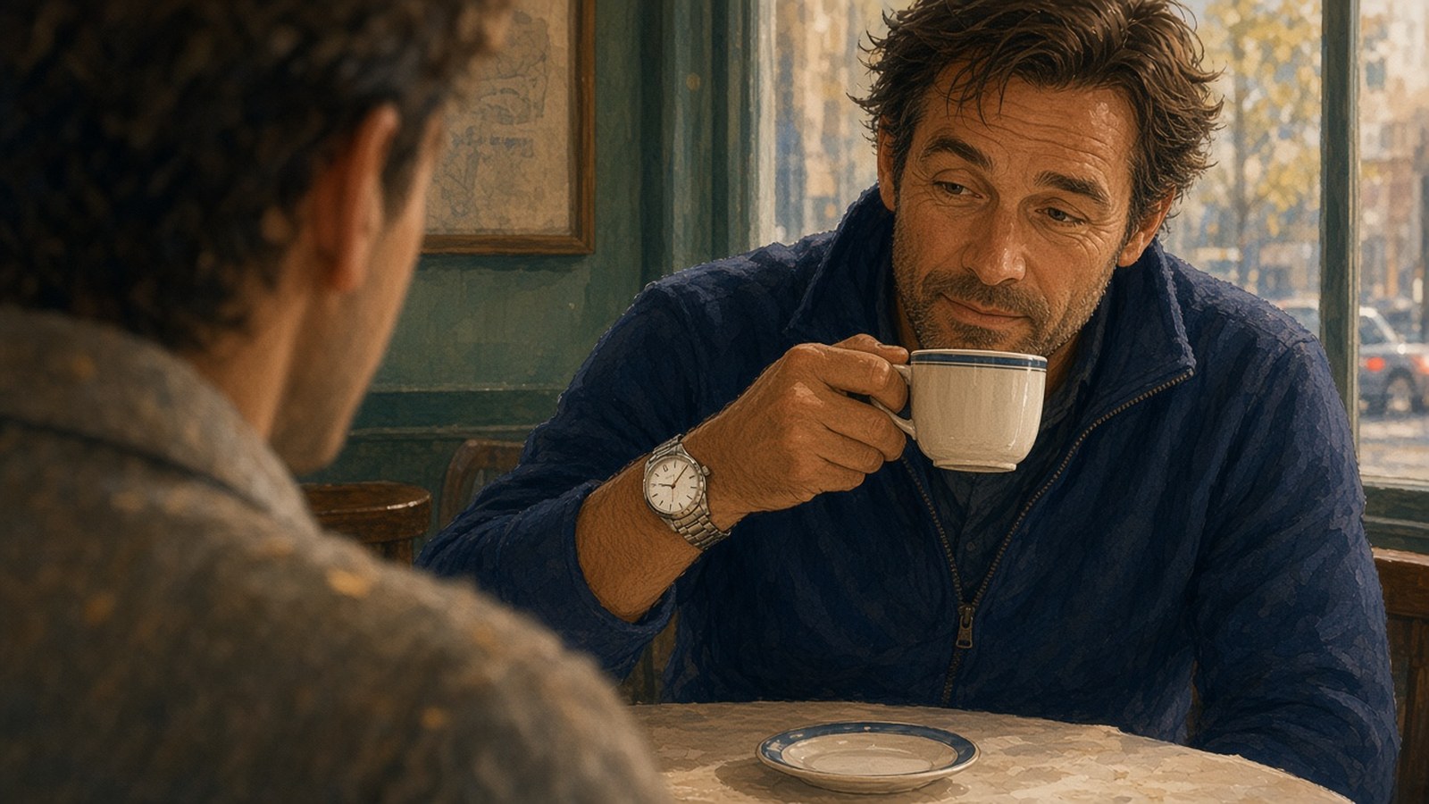 Painting of a weathered man in a navy sweater sipping coffee at a café window, a plain steel watch on his wrist