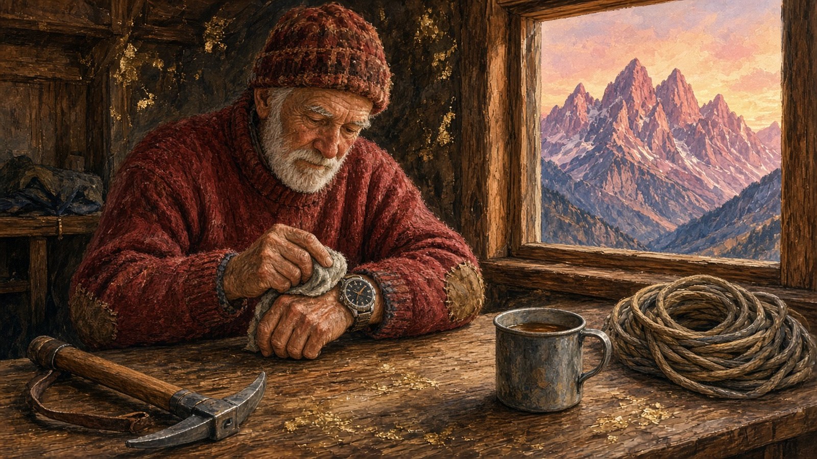Painting of an old white-bearded mountain guide in a red patched sweater polishing his steel watch in a Dolomites hut at golden hour