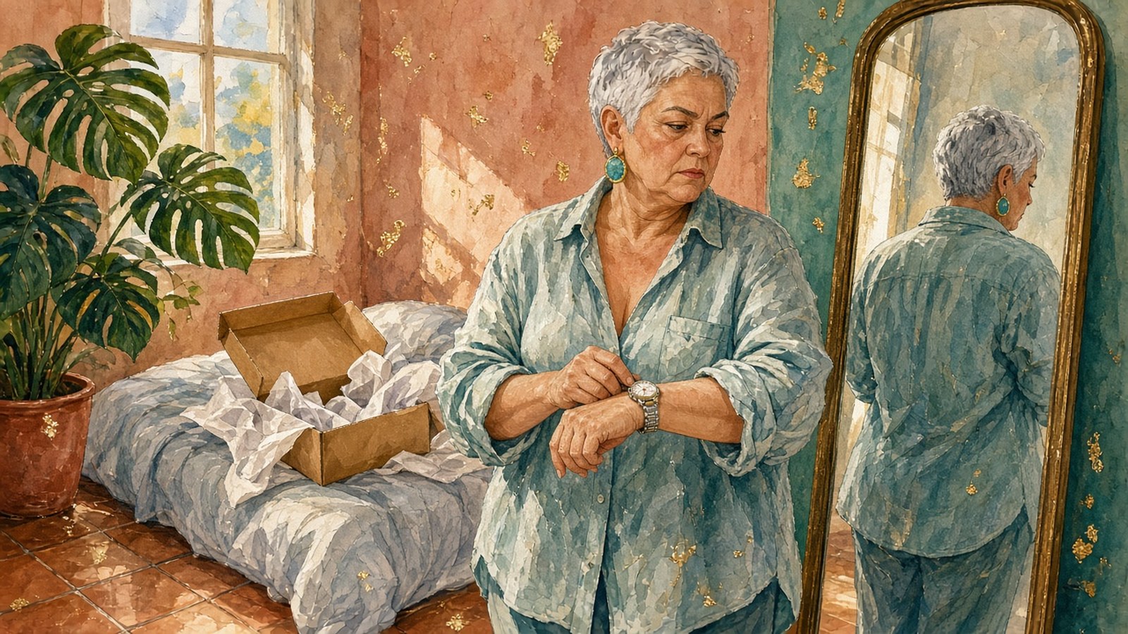Painting of a silver-haired woman in turquoise earrings testing the fit of a white-dial steel watch by a mirror, an opened parcel on the bed