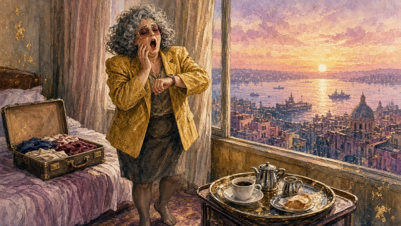 Painting of a frizzy-haired businesswoman in a crumpled mustard blazer yawning at a hotel window at dawn as she resets her watch over a foreign city