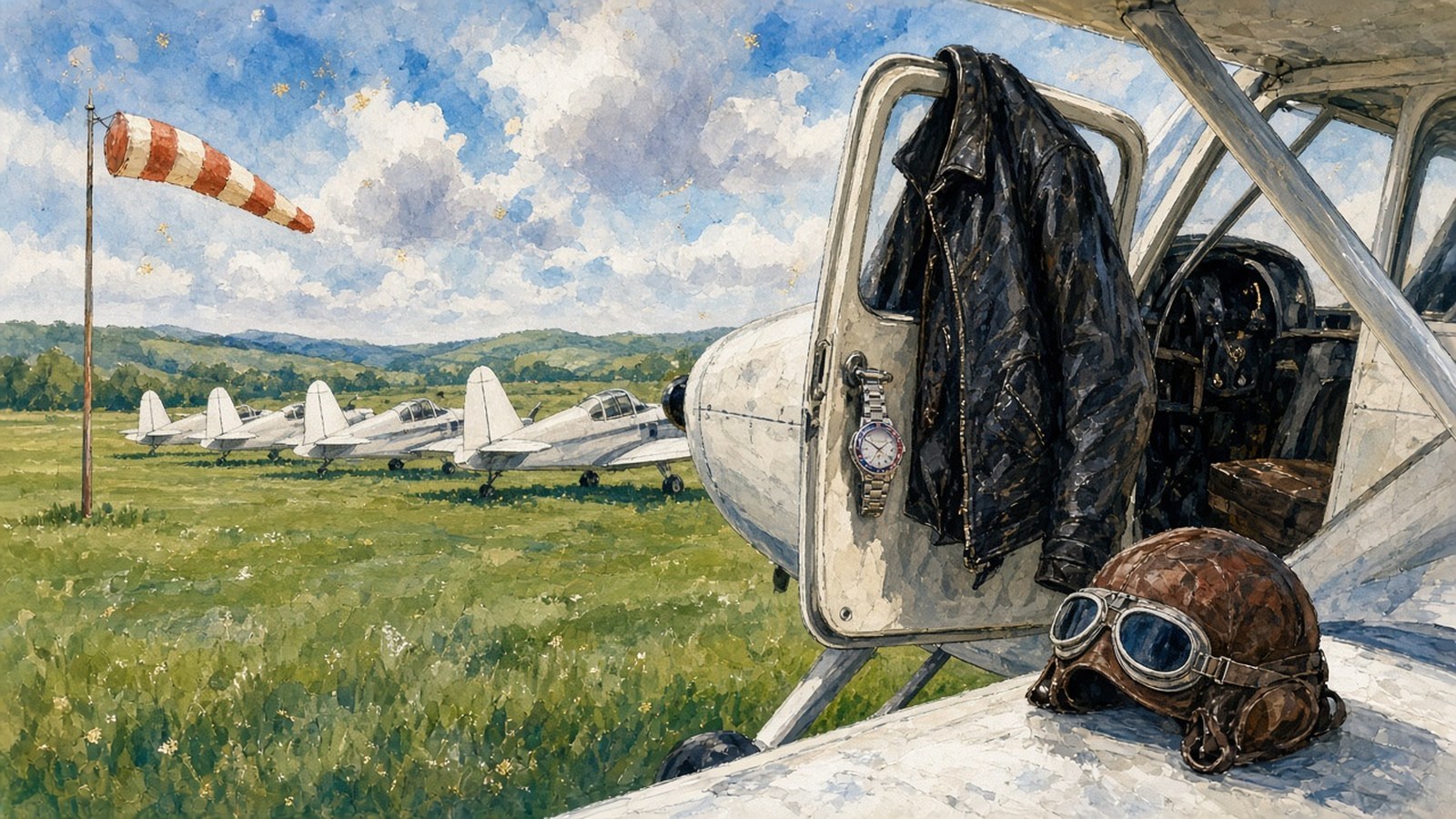 Painting of a black leather flight jacket and red-and-blue-bezel watch hanging from a light aircraft's door on a 1960s airfield lined with white planes