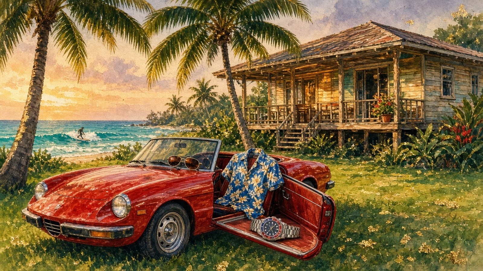 Painting of a red 1980s convertible under palms by a Hawaiian beach house, a floral shirt on the seat and a steel watch on the door sill