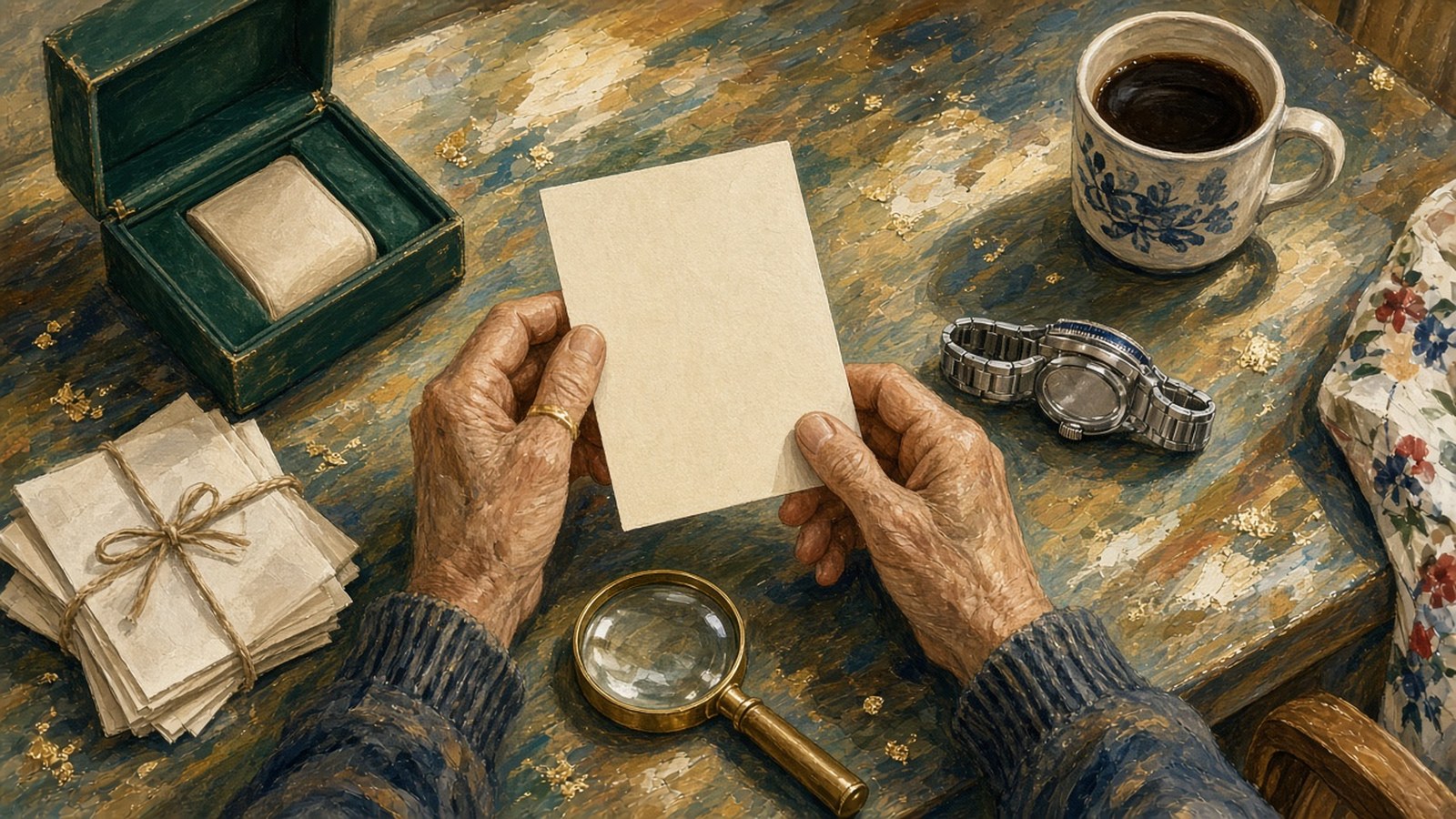 Painting of an old man's hands holding a blank card beside an open green watch box, tied receipts, a magnifier and a steel watch on its side