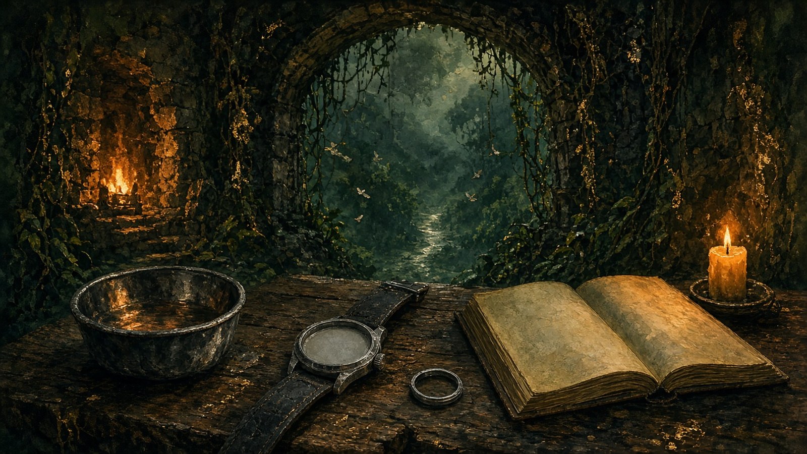Painting of a steel watch with its bezel removed on a jungle table by candlelight beside a brass bowl and an open book