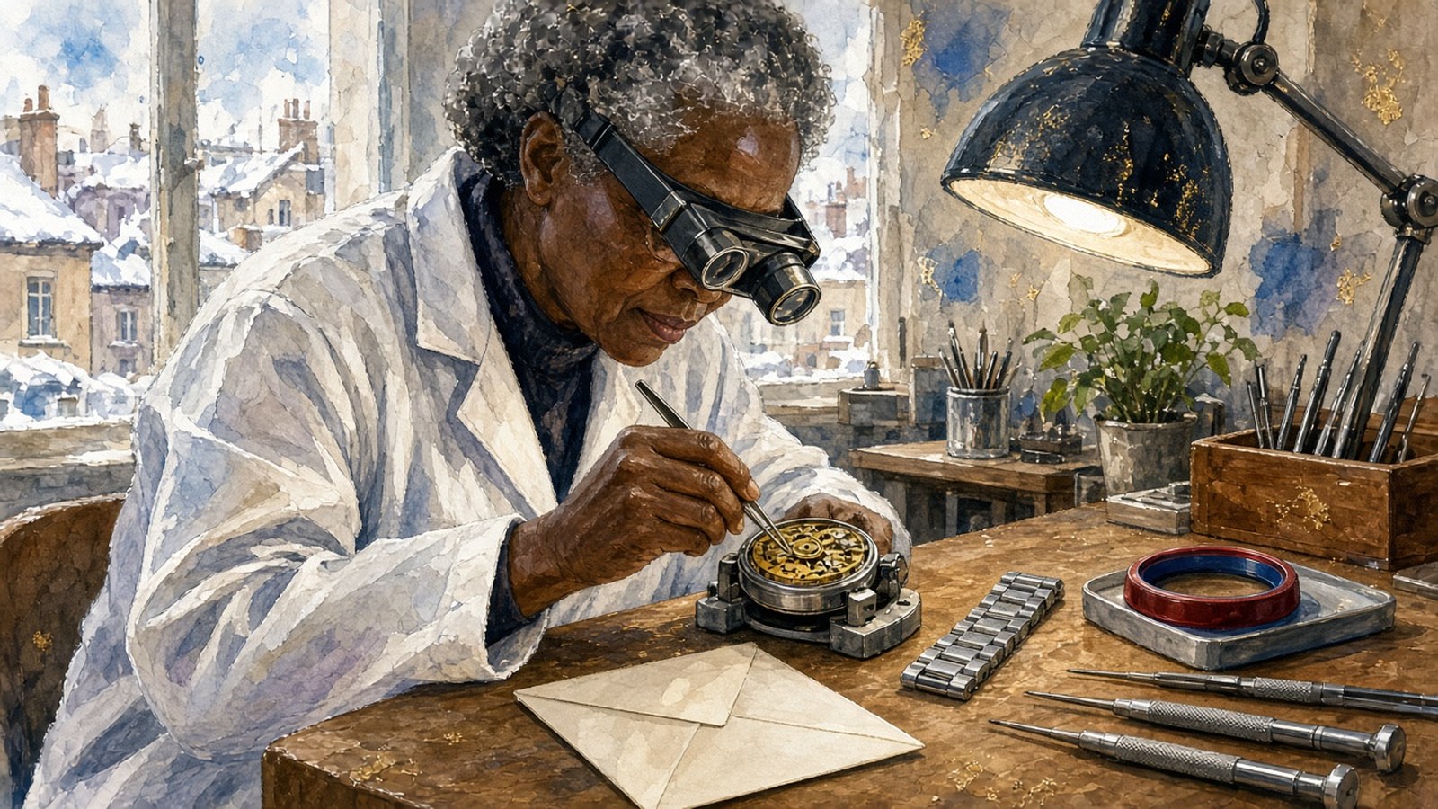 Painting of a grey-haired watchmaker in a magnifying visor working on an opened watch movement, its red-and-blue bezel and bracelet set aside