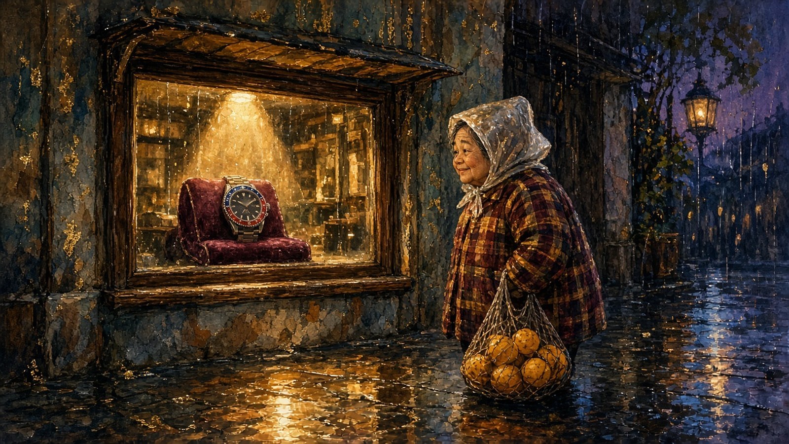 Painting of an elderly woman in a rain bonnet with a bag of oranges admiring a single red-and-blue-bezel watch in a glowing shop window