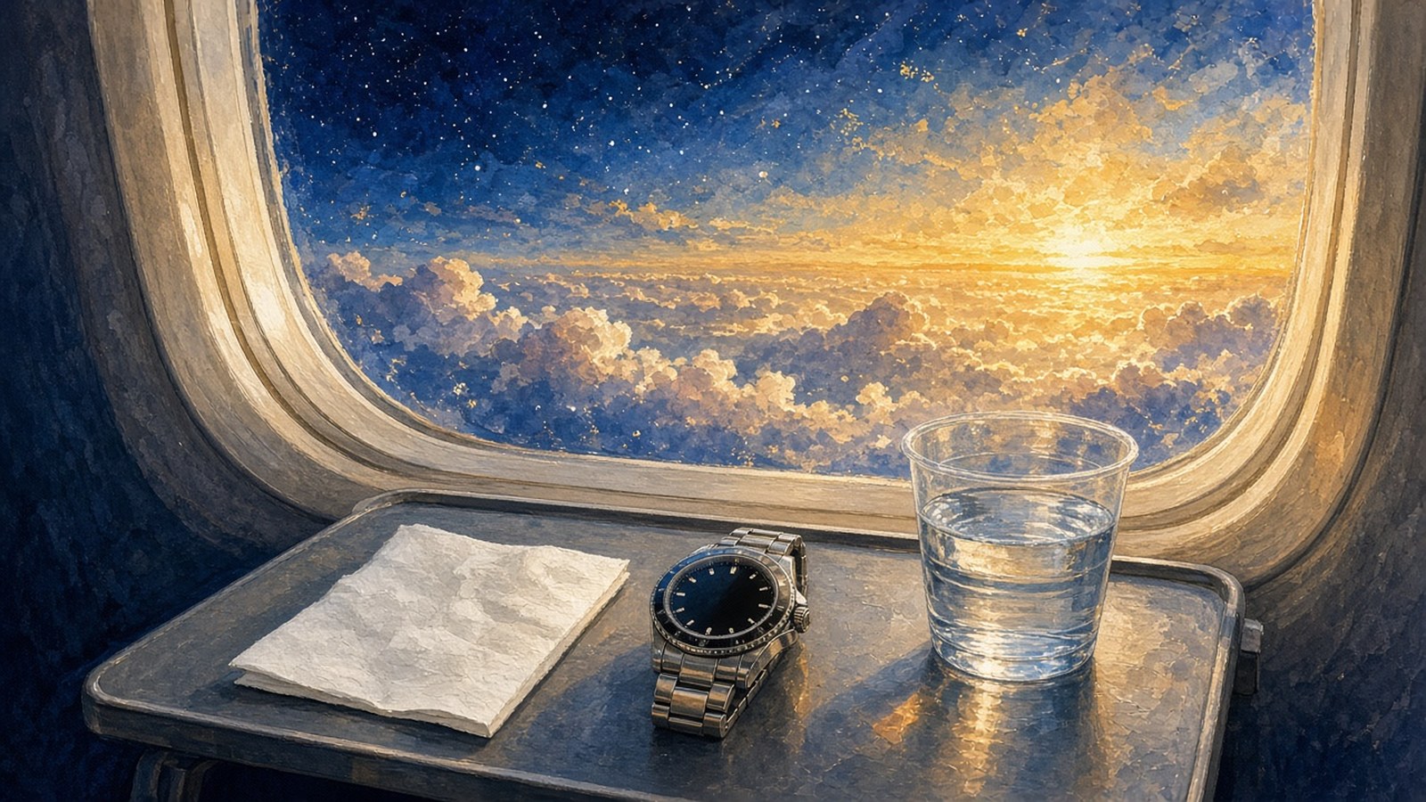 Painting of a steel watch with a blue-and-black bezel on an airplane tray table beside a cup of water as dawn breaks over the clouds