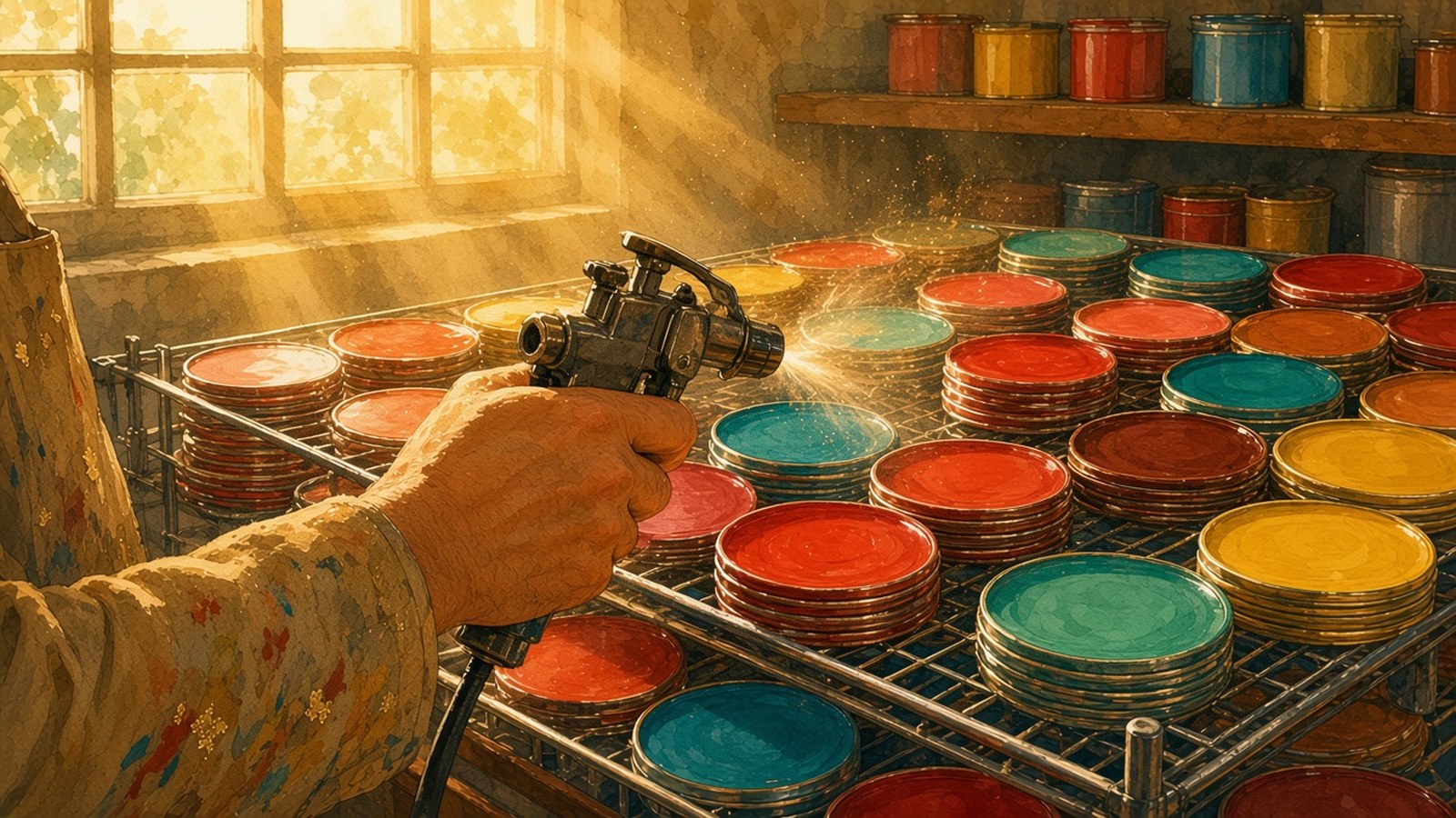 Painting of a hand spraying lacquer over racks of small round discs drying in scarlet, turquoise, coral, yellow and jade in a sunlit workshop