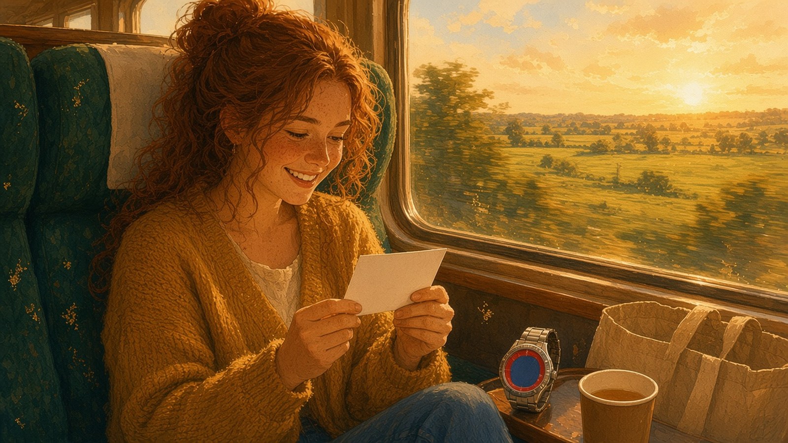 Painting of a smiling young woman with curly copper hair reading a blank card on a sunlit train, a watch with a red-and-blue bezel on the table beside her