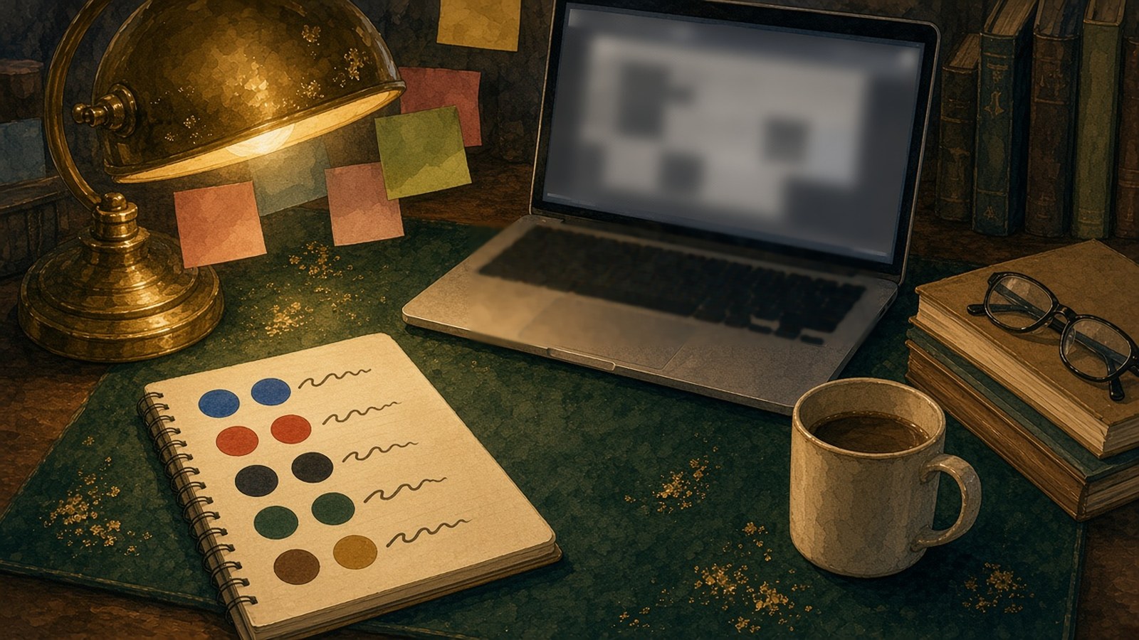 Painting of a collector's desk at night: a brass lamp with colored sticky notes, a laptop with a blurred screen, a coffee mug, glasses on a stack of old books, and a spiral notebook filled with rows of paired colored dots in blue, red, black, green, brown and gold, each with a scribble beside it.