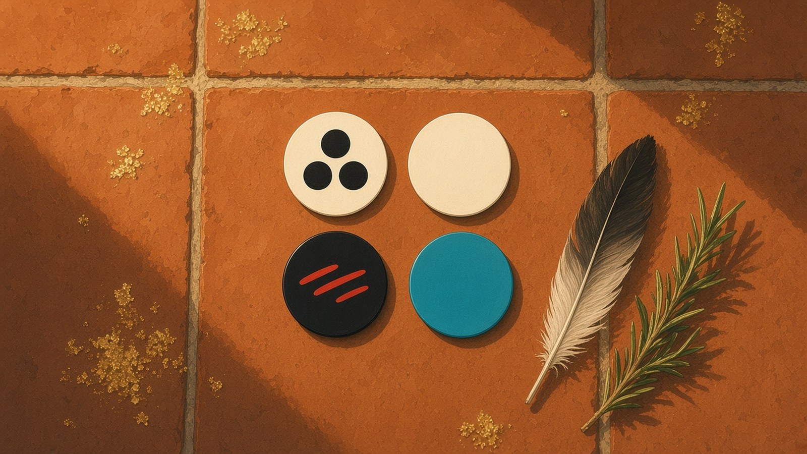 Painting from above of four blank dials on terracotta tiles: white with three black circles, plain white, black with red strokes and turquoise, beside a feather and rosemary