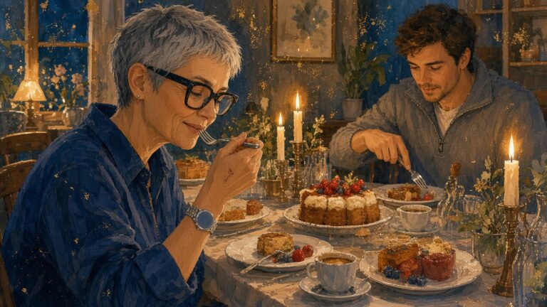 Painting of a woman with cropped silver hair and heavy black glasses in a navy shirt eating dessert by candlelight, a steel watch with a dark blue face on her wrist, while a younger man in a quarter-zip cuts cake at the other end of the table.