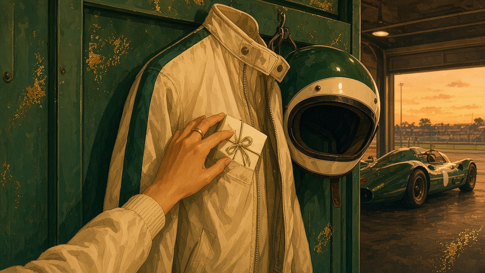 Painting of a woman's hand slipping a small ribbon-tied gift into the pocket of a white racing jacket beside a green helmet, a vintage race car in the dusk light outside