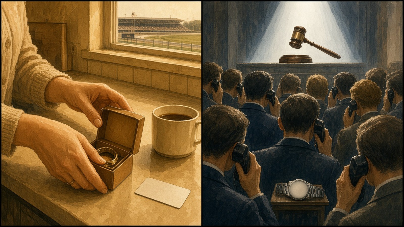Painting in two halves: a woman's hands in a cardigan holding open a small box with a watch inside on a kitchen counter beside a coffee cup and a blank card, a racetrack visible through the window; and a packed saleroom seen from behind, phone bidders with receivers to their ears as a gavel hangs in the spotlight above a steel watch on a stand.