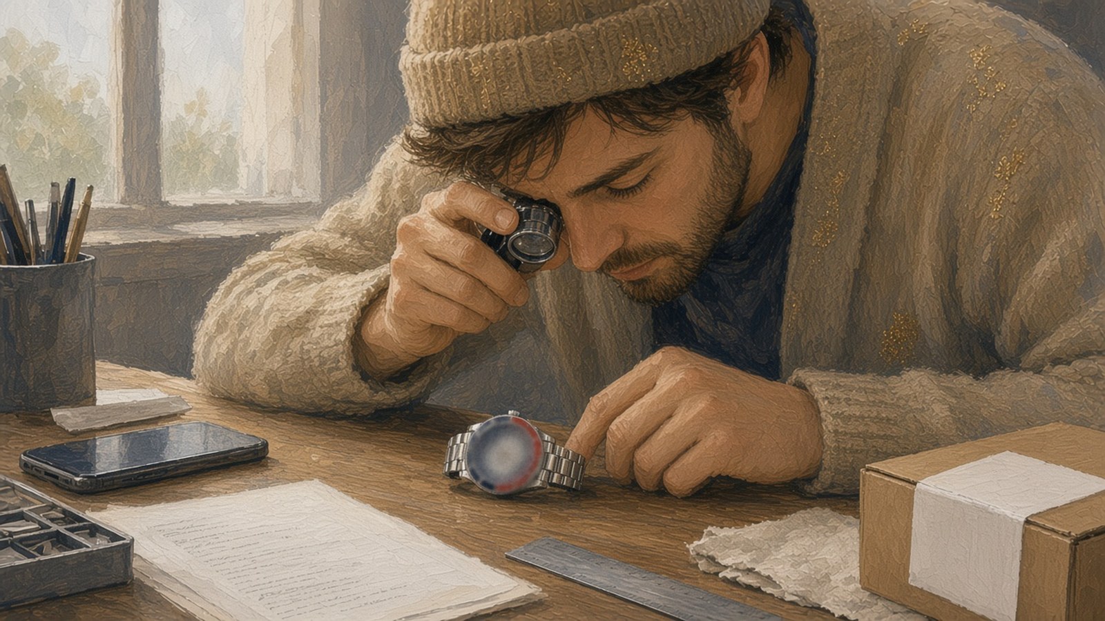 Painting of a young bearded man in a beanie and cardigan peering through a loupe at a steel watch with a red-and-blue face, with a phone, papers, a parts tray, a ruler, a cloth and a shipping box on the table.