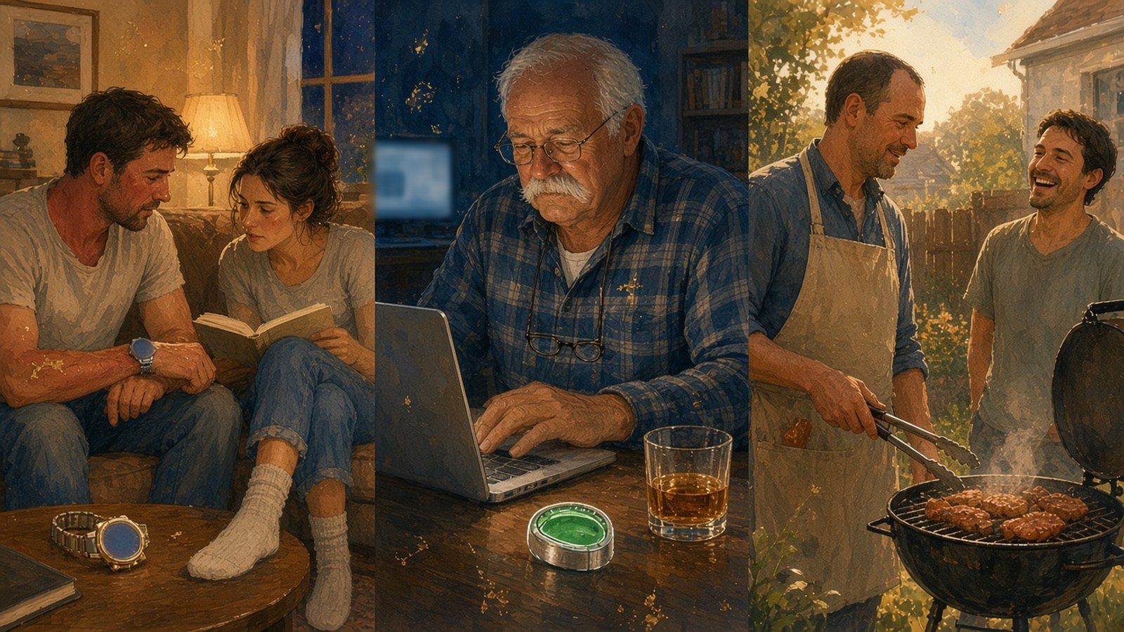 Painted triptych: a man on a sofa showing his blue-faced steel watch to a woman reading a paperback, a second steel watch on the coffee table; an older man with a white mustache typing on a laptop beside a green-faced watch and a glass of whisky; and two men laughing at a backyard barbecue.