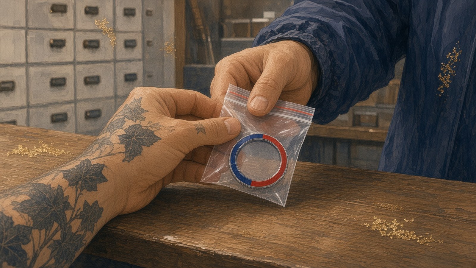 Painting of a tattooed hand passing a small clear bag holding a red-and-blue bezel ring across a wooden service counter
