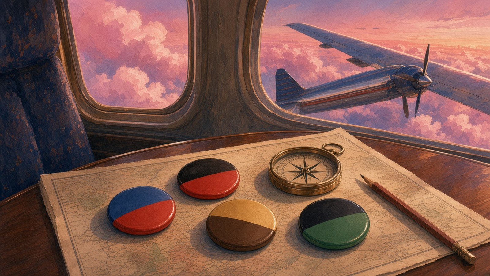 Painting of four two-color discs, blue and red, red and black, brown and gold, black and green, on a navigator's chart by an airliner window at sunset