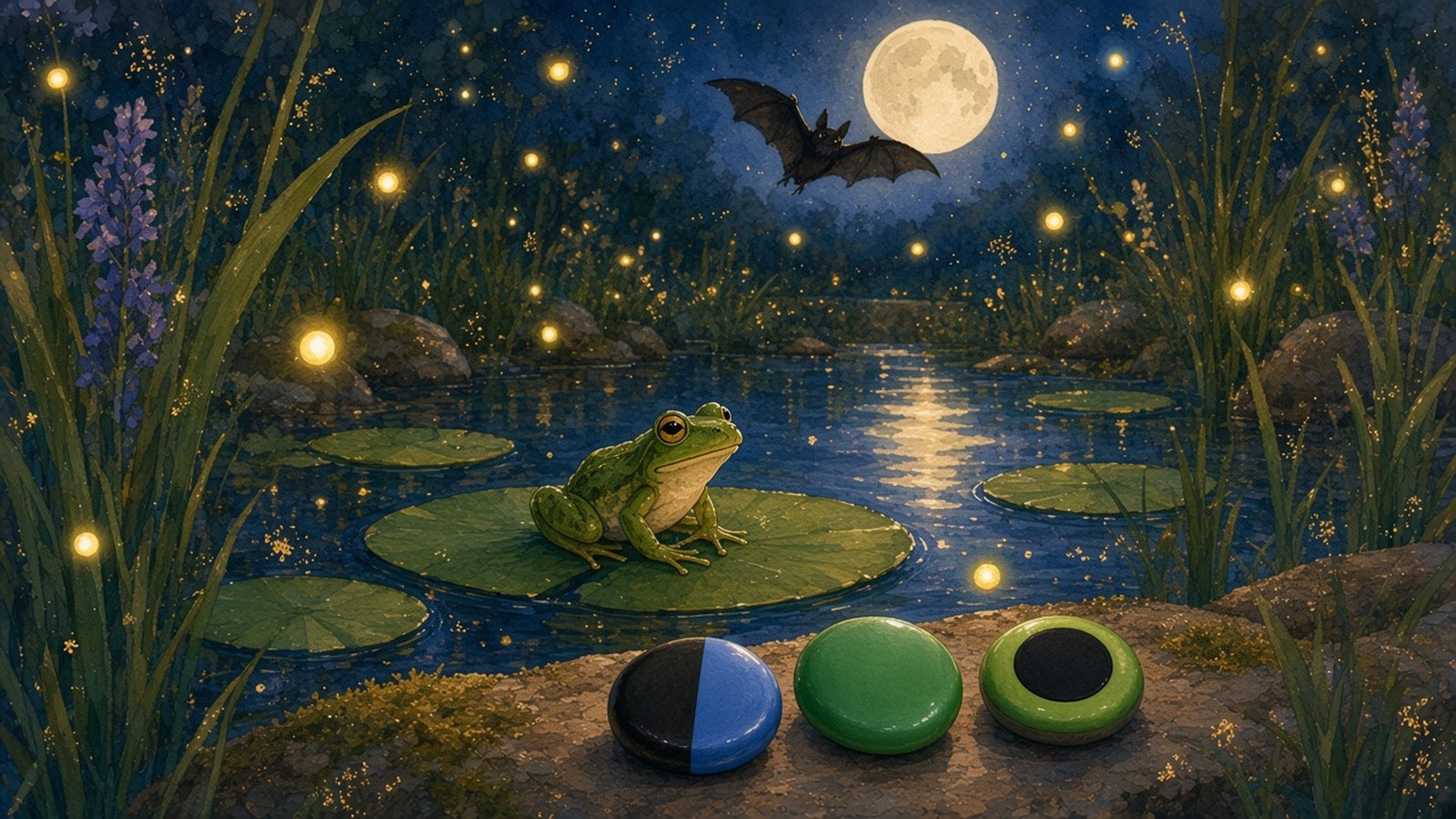 Painting of a frog on a lily pad in a moonlit pond, a bat crossing the moon, and three smooth discs in black and blue, green, and green and black on the bank