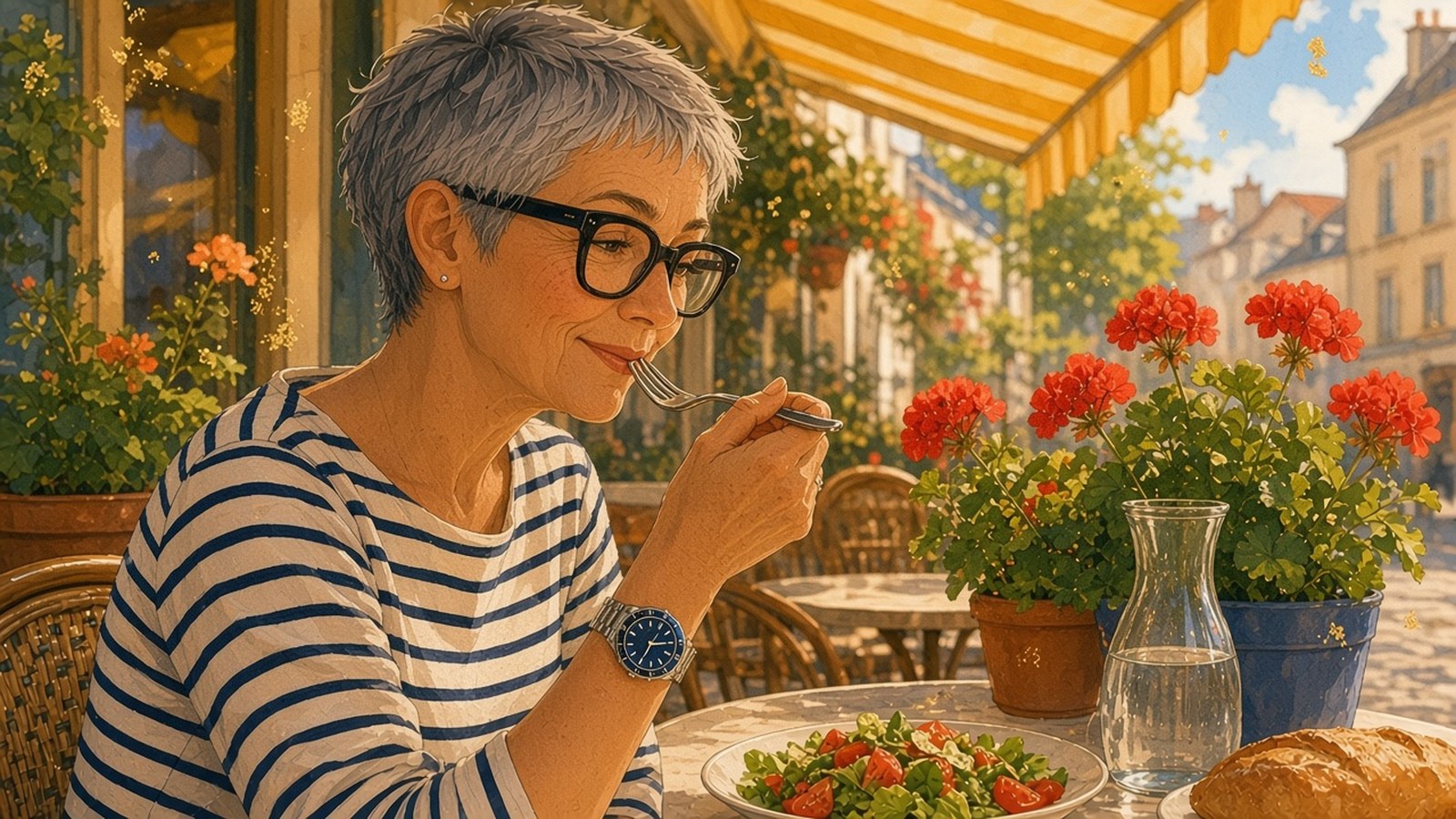 Painting of a grey-haired woman in a striped Breton top smirking over lunch under a yellow awning, a steel watch with a dark blue bezel on her wrist