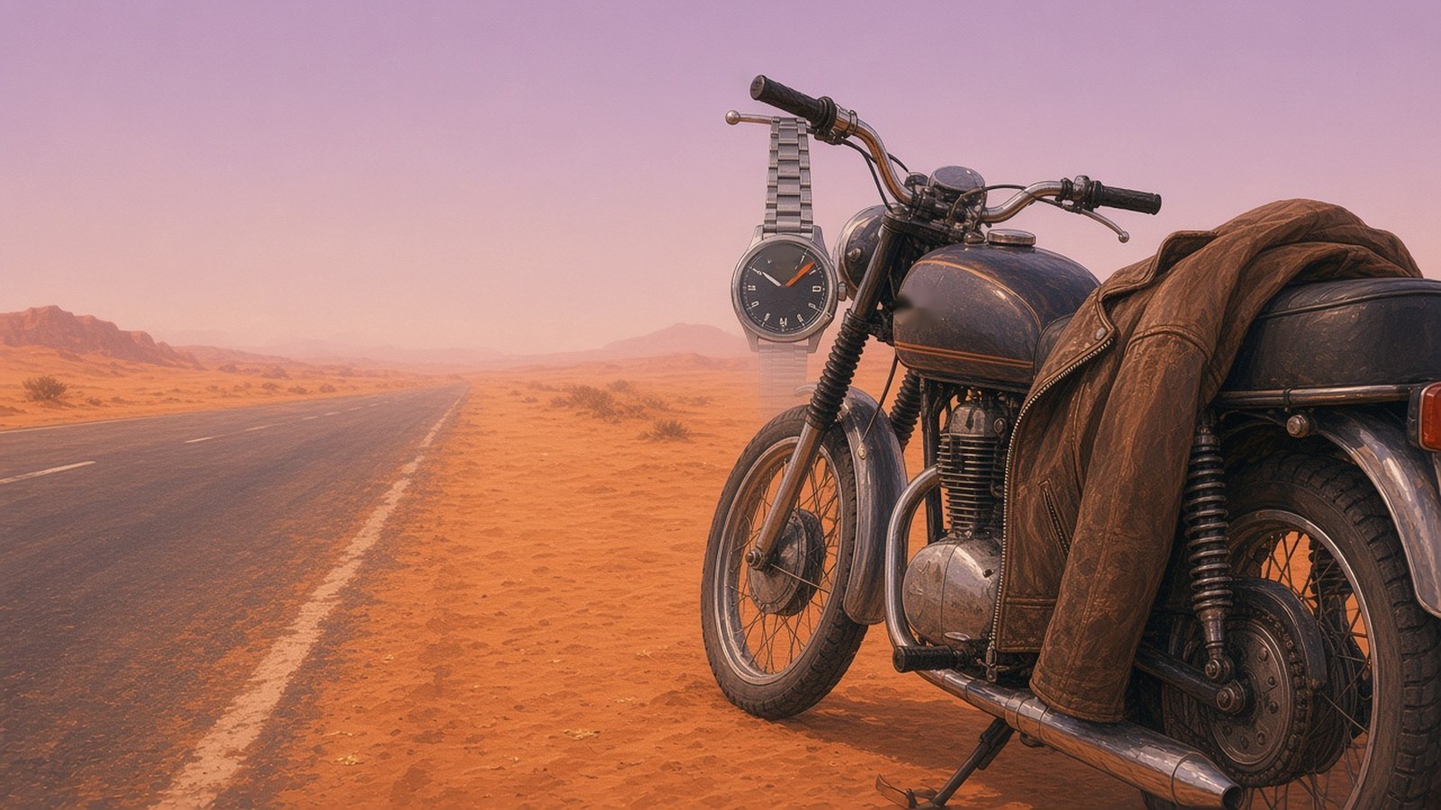 Painting of a vintage motorcycle on an empty desert road at dusk, a leather jacket over the seat and a ghostly black-dial watch with an orange hand hanging from the handlebar