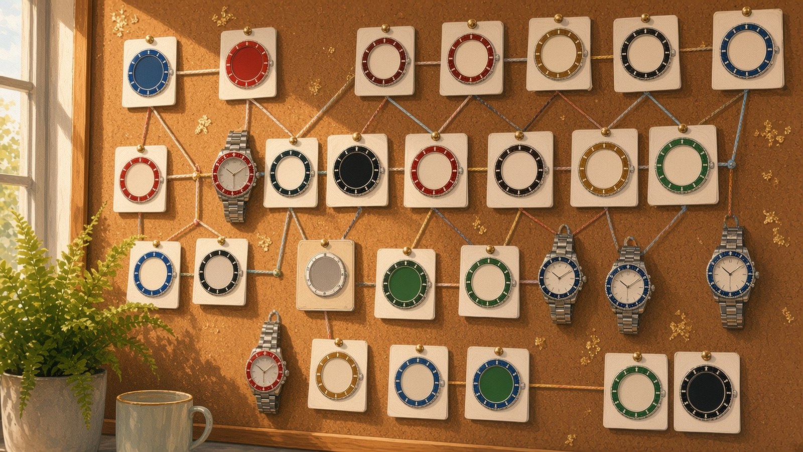 Painting of a corkboard covered in cards of two-color bezel rings and a few steel watches, linked by colored strings like a family tree