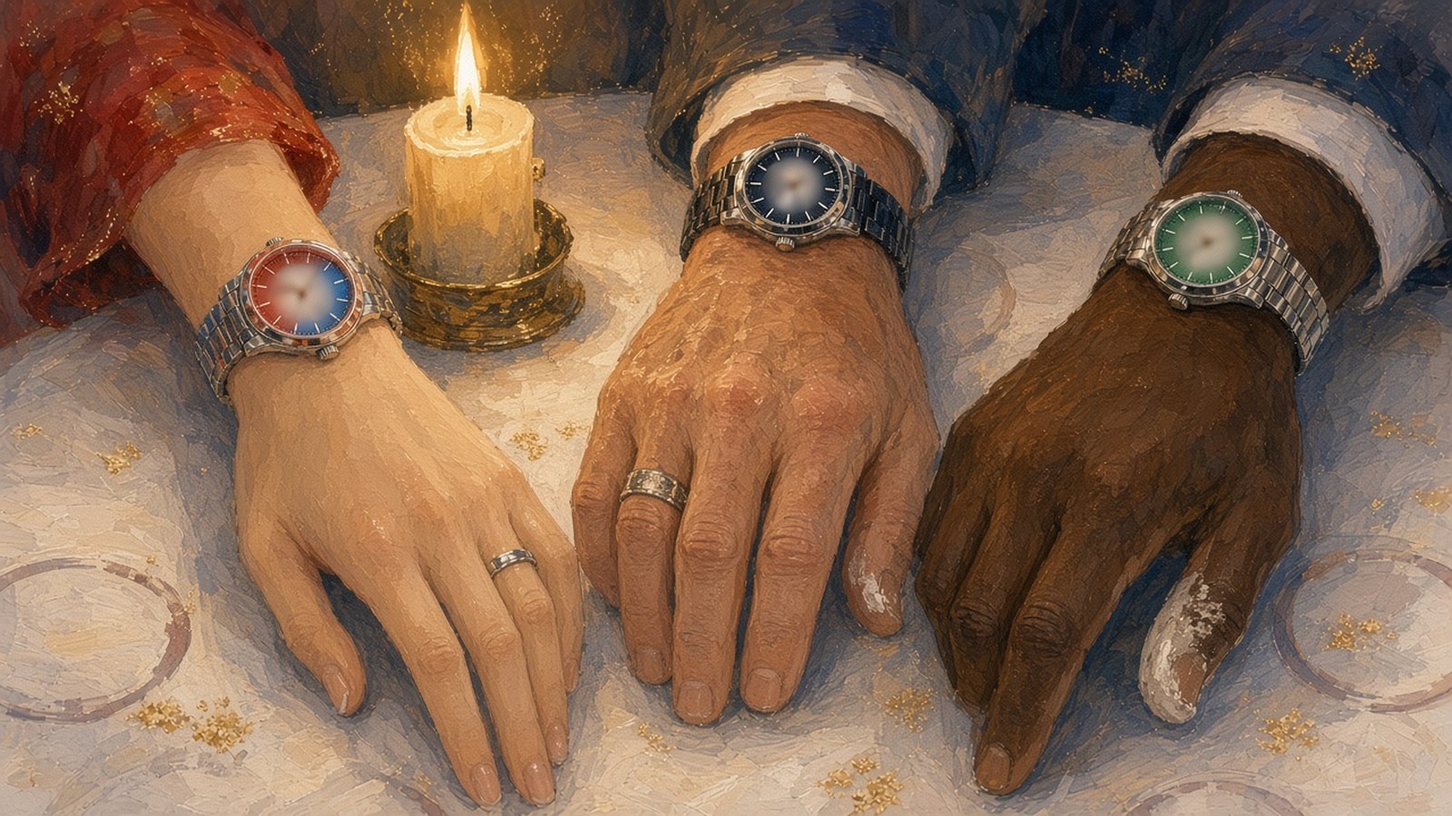 Painting of three hands of different ages and skin tones resting on a white tablecloth by candlelight, each wearing a steel watch: one with a red-and-blue face, one blue and black, and one green.